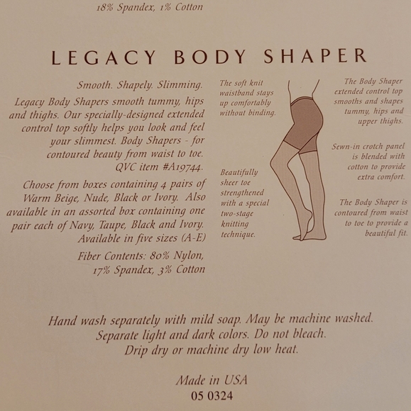 Legacy Legwear Body Shaper Pantyhose Size B Color Fawn New In Box - Picture 9 of 10